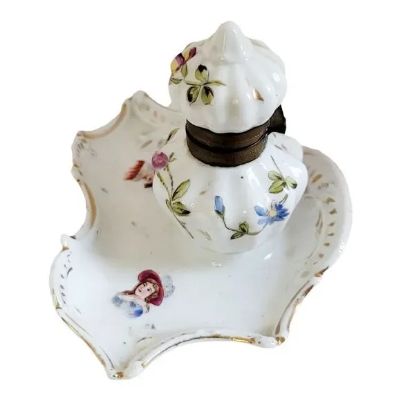 Vtg Hand Painted Porcelain Ink Well and Dish 5" Wide 3 1/2" Tall Floral Design - Picture 2 of 10